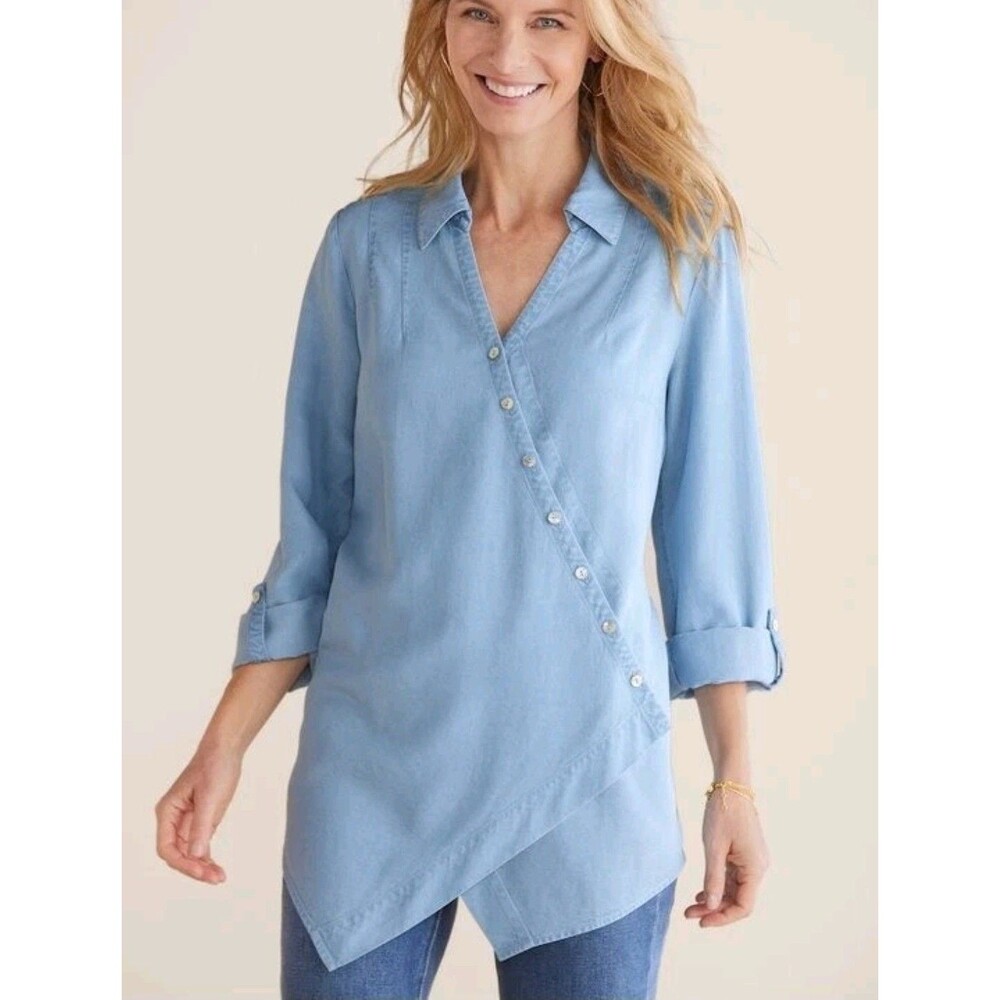 Soft Surroundings Crossover Front Tencel Top Women's Large  Rollup Sleeves Blue